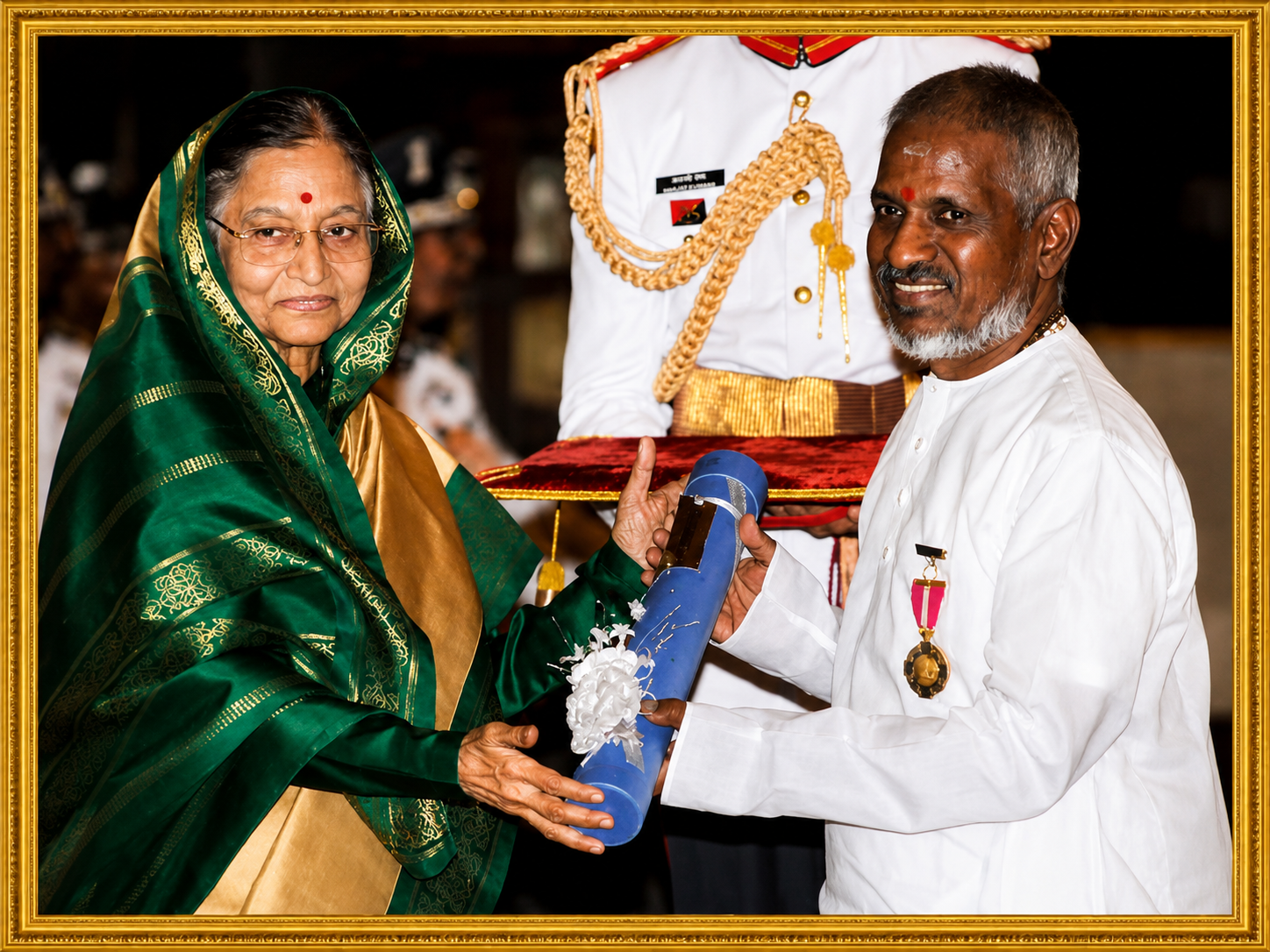 Ilaiyaraaja receiving the Padma Bhushan from the President of India