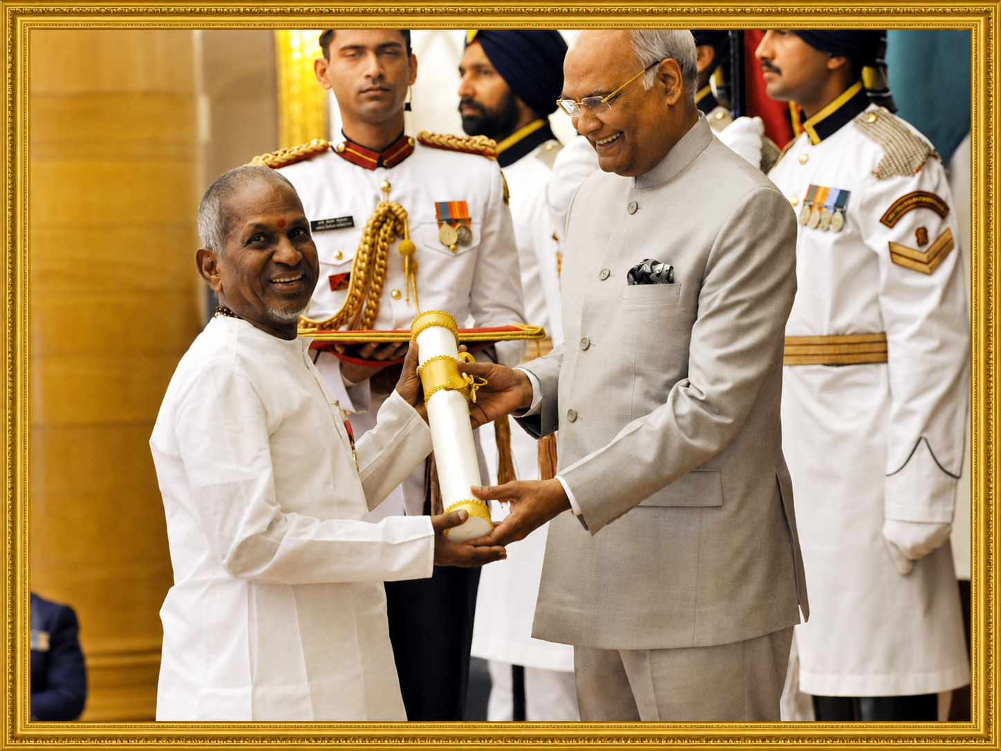 Ilaiyaraaja receiving the Padma Vibhushan from the President of India